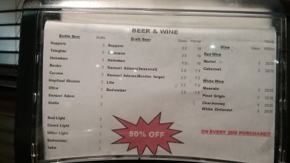 Menu page with lunch buffet and drink selections.
