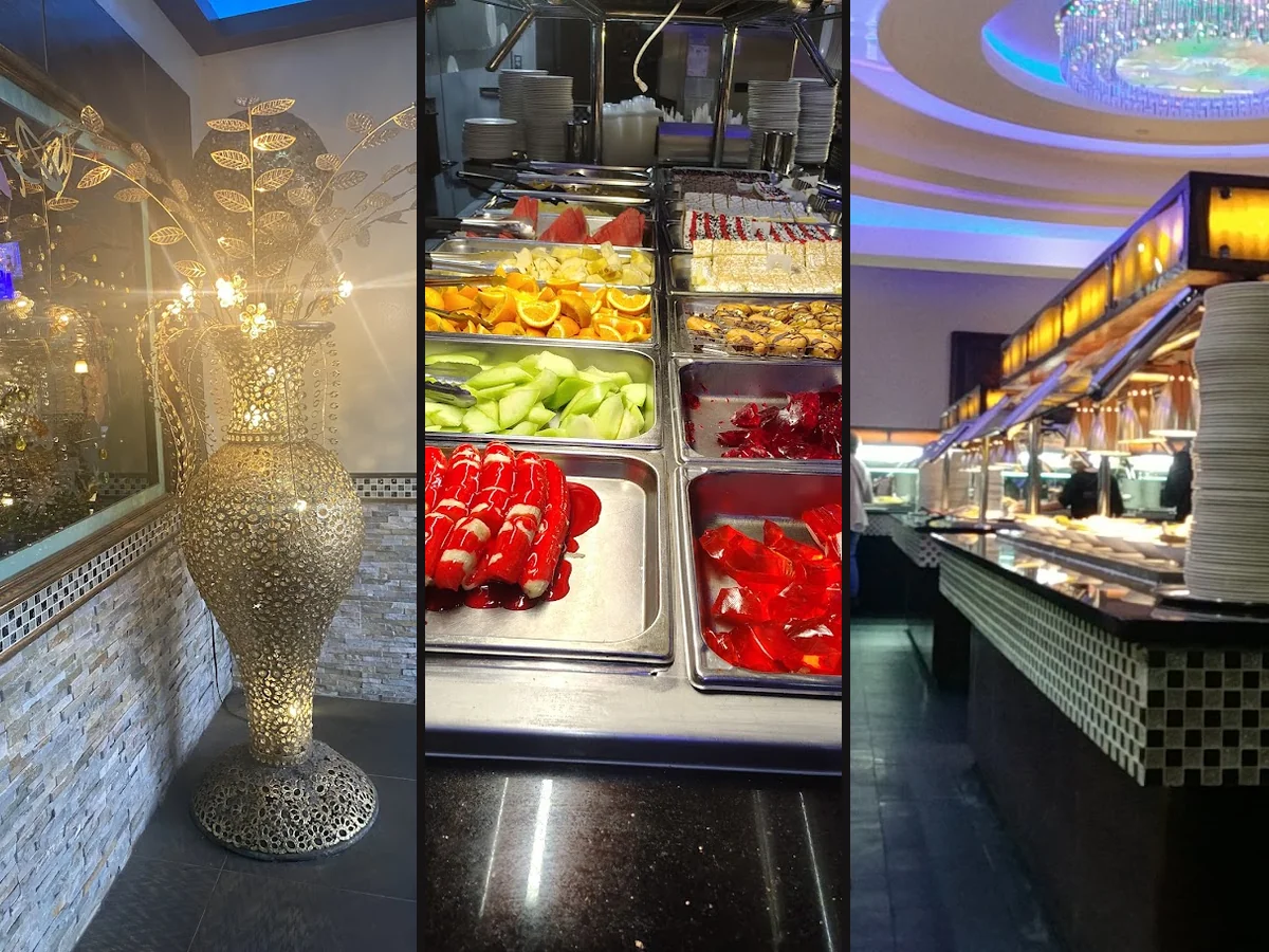 Buffet counters with Chinese dishes and serving trays.