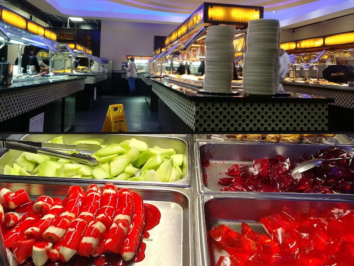 Spacious restaurant interior with buffet stations.