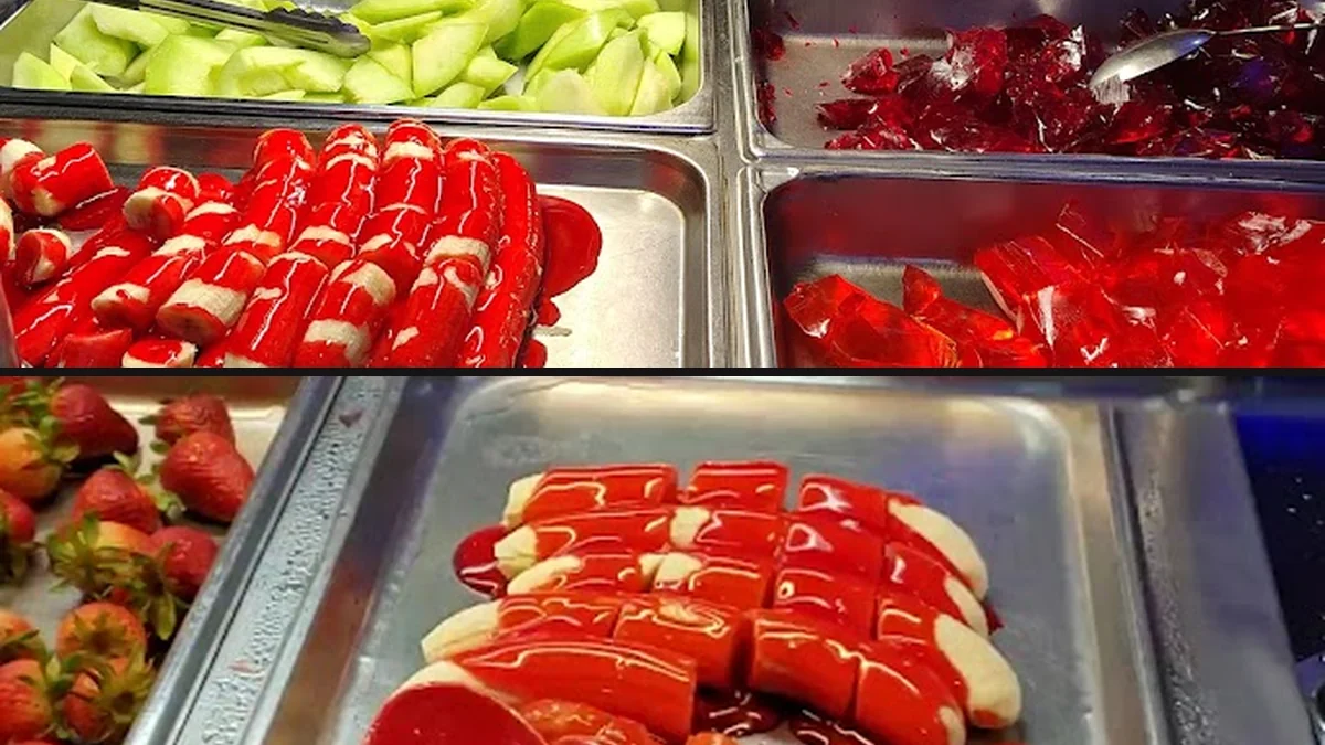 Buffet counters with Chinese dishes and serving trays.